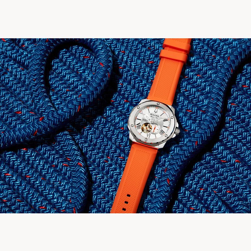 Bulova Marine Star Men s Silver Orange Silicone Strap Watch Bulova